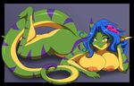  anthro areola babydoll blue_hair breasts edit female gecko geecku green_body hair hi_res las_lindas lizard long_hair looking_at_viewer lying nipples non-mammal_breasts nude on_stomach plain_background pussy reptile scalie smile solo yellow_body yellow_eyes 