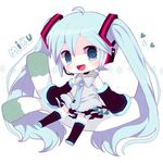  ahoge aqua_eyes aqua_hair bad_id bad_pixiv_id boots character_name chibi detached_sleeves full_body haru431 hatsune_miku headset long_hair necktie open_mouth skirt sleeves_past_wrists solo spring_onion thigh_boots thighhighs twintails very_long_hair vocaloid white_background 