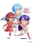  90s ^_^ armor arms_up asou_yuuko bangs blue_eyes boots cham chibi eyes_closed game happy knee_boots long_hair long_pointy_ears midriff miniskirt mugen_senshi_valis multiple_girls nec neckerchief official_art official_artwork oldschool open_mouth pc_engine pointy_ears sd short_hair sidelocks simple_background skirt smile speech_bubble sword telenet_japan valis valis_iii valis_sword valna very_long_hair weapon whip white_background white_skirt 