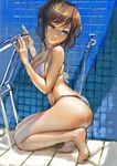  aro_(charged_time_out) ass bad_id bad_pixiv_id barefoot bathroom bikini blue_eyes breasts brown_hair cleavage faucet kneeling lips looking_back medium_breasts original parted_lips short_hair solo swimsuit tile_floor tiles washing wet 
