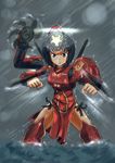  :o absurdres armor armored_dress blade blue_eyes china_dress chinese_clothes clenched_hands crimson_typhoon dress erica_(naze1940) extra_arms fighting_stance flat_chest headwear helmet highres light looking_at_viewer magic mecha_musume mechanical_arm motion_blur ocean open_mouth pacific_rim panties personification rain shin_guards short_hair side-tie_panties spinning spread_legs standing underwear water 