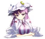  breast_hold breasts capelet colorized crescent dress hat highres hyasumasa long_hair medium_breasts patchouli_knowledge purple_eyes purple_hair solo touhou upper_body 