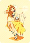  anklet bare_legs bare_shoulders brown_eyes brown_hair chair earrings full_body hand_on_headwear hat hat_ribbon highres jewelry legs_together long_hair natsu_no_jin orangina ribbon sandals sitting skirt smile solo striped stud_earrings sun_hat vertical_stripes 
