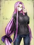  adjusting_eyewear breasts denim fate/hollow_ataraxia fate_(series) glasses hair_ribbon highres impossible_clothes impossible_sweater jeans large_breasts long_hair looking_at_viewer low-tied_long_hair pants purple_hair ribbon rider rimless_eyewear smile solo sweater taishi_(picchiridou) turtleneck very_long_hair yellow_eyes 