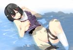  black_hair commentary_request covering covering_breasts damaged haguro_(kantai_collection) hrk173 kantai_collection lying navel no_panties ocean partially_submerged short_hair skirt solo torn_clothes torn_skirt 