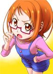  adjusting_eyewear blush_stickers eyelashes flat_chest glasses hand_on_hip m-yuki open_mouth orange_eyes orange_hair overalls precure red-framed_eyewear semi-rimless_eyewear shirabe_ako short_hair solo suite_precure under-rim_eyewear 