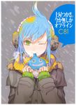  3; absurdres blonde_hair blue_hair character_request coat dragon_quest earmuffs eating fuyuno_haruaki grey_background highres multicolored_hair one_eye_closed scan scarf short_hair slime_(dragon_quest) snow wince winter 