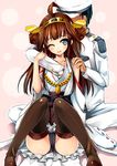  1girl admiral_(kantai_collection) blue_eyes blush boots brown_hair hetero japanese_clothes kantai_collection kongou_(kantai_collection) long_hair long_sleeves nontraditional_miko one_eye_closed panties pochadon thigh_boots thighhighs underwear 