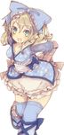  bad_id bad_pixiv_id blonde_hair blue_legwear blush bow breasts green_eyes hair_bow mabinogi masirosu medium_breasts open_mouth pointy_ears sandals simple_background smile solo thighhighs white_background 