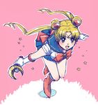  back_bow bishoujo_senshi_sailor_moon blonde_hair blue_eyes blue_sailor_collar blue_skirt blush boots bow crescent double_bun earrings full_body gloves hair_ornament holding holding_wand jewelry kakitabetai knee_boots long_hair maboroshi_no_ginzuishou magical_girl moon_stick red_bow running sailor_collar sailor_moon sailor_senshi_uniform simple_background skirt smile solo tiara tsukino_usagi twintails wand white_gloves 