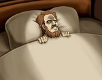  beard bed brown_hair facial_hair kitz_weilman male_focus mustache parody scared shingeki_no_kyojin solo surprised sweat tk8d32 yellow_eyes 