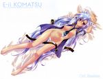  absurdres akatsuki_no_amaneka_to_aoi_kyojin arms_up artist_name bare_legs barefoot belt blue_hair breasts cal_ruslan convenient_censoring feathers highres komatsu_eiji legs light_blue_hair long_hair long_legs lying medium_breasts navel necktie no_bra no_panties open_clothes purple_eyes scan shiny shiny_skin shirogane_no_cal_to_soukuu_no_joou shirt solo 