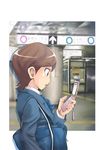  bag blazer brown_eyes brown_hair cellphone jacket naoyuki phone school_bag school_uniform shin_megami_tensei shin_megami_tensei:_if... short_hair subway_station surprised uchida_tamaki 