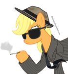  applejack_(mlp) blonde_hair cigarette diegotan equine eyewear fedora female feral friendship_is_magic hair hat hooves horse mammal mane my_little_pony necktie pony smoke solo striped_suit suit sunglasses 