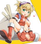  bel_hydra blonde_hair blood_lad boots breasts gloves goggles goggles_on_head green_eyes heart medium_breasts mirakichi navel open_clothes open_shirt pussy see-through shirt short_hair shorts sitting solo 