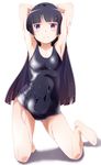  armpits arms_behind_head arms_up black_hair blush collarbone gokou_ruri highres hime_cut kneeling long_hair looking_at_viewer mole mole_under_eye one-piece_swimsuit ore_no_imouto_ga_konna_ni_kawaii_wake_ga_nai purple_eyes school_swimsuit shiny shiny_clothes simple_background skindentation smile solo suzumeko swimsuit very_long_hair wet wet_clothes white_background 