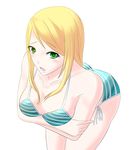  1girl blonde_hair breasts cleavage eva_frost green_eyes large_breasts long_hair open_mouth ranma_(kamenrideroz) simple_background solo striped_bikini swimsuit terra_formars 