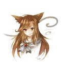  animal_ears blush brooch brown_hair collarbone eyelashes hair_in_mouth hisagifuro imaizumi_kagerou jewelry lips long_hair looking_at_viewer red_eyes simple_background slit_pupils smile solo touhou upper_body white_background wolf_ears 