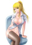  blonde_hair blue_eyes bottomless bracelet breasts chair cleavage crossed_legs highres jewelry kukua_(mosushi) large_breasts long_hair metroid navel ponytail samus_aran sitting solo super_smash_bros. thighhighs unbuttoned 