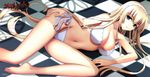  absurdres bare_legs bikini blonde_hair blue_eyes bou breasts checkered checkered_floor copyright_name crease hairband highres irisdina_bernhard large_breasts long_hair lying muvluv on_side perspective scan schwarzesmarken side-tie_bikini solo swimsuit very_long_hair white_bikini 