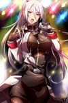  arai_nobu belt black_gloves black_legwear blush breasts chloe_fleurage earrings gloves jewelry large_breasts long_hair microphone music open_mouth original pantyhose ponytail red_eyes shiny silver_hair singing skirt solo standing 