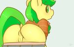  anus apple_fritter_(mlp) back_turned butt clothed clothing equine female feral friendship_is_magic fur green_eyes green_hair hair horse looking_at_viewer looking_back mammal my_little_pony plain_background pony presenting presenting_hindquarters pussy shirt short_hair signature skirt solo terrabutt white_background yellow_fur 