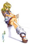  blonde_hair character_name green_eyes hands_clasped highres loose_socks miniskirt mizuhashi_parsee own_hands_together pointy_ears shadow shoes short_hair short_sleeves sitting skirt socks solo touhou umigarasu_(kitsune1963) 