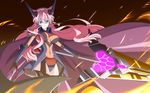  blue_eyes bodysuit covered_navel cowboy_shot fire flame floating_hair h-new headphones highres lance leotard long_hair looking_at_viewer looking_back maria_cadenzavna_eve pink_hair polearm senki_zesshou_symphogear skin_tight solo spear standing very_long_hair weapon 