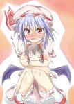  absurdres bat_wings blue_hair blush blush_stickers bow brown_hair hair_bow hair_tubes hakurei_reimu hat highres hug jitome kuzumomo mary_janes multiple_girls red_eyes remilia_scarlet shoes short_hair sidelocks skirt touhou translated uu~ wings 