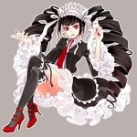  bad_id bad_pixiv_id black_hair black_legwear bonnet card celestia_ludenberck club_(shape) danganronpa danganronpa_1 diamond_(shape) drill_hair earrings gothic_lolita grey_background heart high_heels highres jewelry littlebird-idel lolita_fashion long_hair necktie playing_card red_eyes shoes smile solo spade_(shape) thighhighs twin_drills twintails 