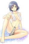  barefoot blue_eyes blue_hair censored convenient_censoring covered_nipples desert_eagle gun hand_on_own_knee handgun kanden_suki kashima_sonora navel nude pistol short_hair sitting smile solo tokurei_sochi_dantai_stella_jogakuin_c3_bu towel towel_around_neck weapon white_towel 