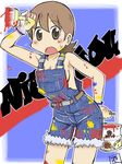  1girl aioi_yuuko armpits belt blue_background breasts brown_eyes brown_hair dirty gloves looking_at_viewer naked_overalls nichijou open_mouth overalls paint paintbrush short_hair sideboob solo sweat zubatto 