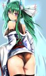  absurdres ass black_legwear borrowed_character green_hair haik hair_ribbon headgear highres japanese_clothes long_hair looking_at_viewer menou_kaname original purple_eyes ribbon sketch smile solo thighhighs twintails 