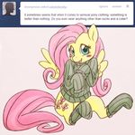  blue_eyes blush cutie_mark english_text equine female feral fluttershy_(mlp) friendship_is_magic fur hair horse long_hair mammal my_little_pony pegasus pink_hair plain_background pony radioscope sitting socks solo sweater text wings yellow_fur 