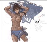  abs armpits arms_up avatar_(series) blue_eyes blue_sarong breasts brown_hair coat coat_removed dark_nipples dark_skin hair_tubes korra long_hair medium_breasts muscle muscular_female navel nipples panties_(pantsu-pirate) ponytail sarong sarong_removed sketch solo the_legend_of_korra topknot topless 