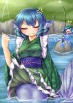  2girls anger_vein blue_hair blush boots closed_eyes fishing fishing_hook fishing_rod fun_bo hair_bobbles hair_ornament hat head_fins japanese_clothes kawashiro_nitori long_sleeves mermaid monster_girl multiple_girls obi river sash short_hair touhou two_side_up wakasagihime water wide_sleeves 