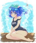  bad_id bad_pixiv_id barefoot blue_eyes blue_hair breasts cloud hair_bobbles hair_ornament hat highres kawashiro_nitori kurono_nekomaru one-piece_swimsuit school_swimsuit short_hair sitting sky small_breasts smile solo strap_slip swimsuit touhou two_side_up wind_chime yokozuwari 