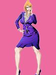  bare_legs blonde_hair breasts brown_eyes contrapposto daigo formal glasses hand_on_hip high_heels highres jewelry large_breasts legs lipstick makeup mature necklace original pencil_skirt shoes simple_background skirt skirt_suit solo standing suit updo 