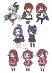  antenna_hair black_neckwear blue_hair brown_hair chibi eyepatch fang folded_ponytail grey_eyes hair_intakes hair_ribbon ikazuchi_(kantai_collection) inazuma_(kantai_collection) jintsuu_(kantai_collection) kantai_collection koruri long_hair mechanical_halo multiple_girls naka_(kantai_collection) neckerchief open_mouth red_neckwear rensouhou-chan ribbon sailor_collar school_uniform sendai_(kantai_collection) shimakaze_(kantai_collection) short_hair simple_background skirt smile tatsuta_(kantai_collection) tenryuu_(kantai_collection) thighhighs two_side_up white_background yellow_eyes 