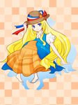  bad_id bad_pixiv_id barefoot blonde_hair blue_eyes checkered checkered_background dress food france fruit hat hat_ribbon highres long_dress long_hair momi_(momio08) orange orangina personification pigeon-toed ribbon sitting smile solo sun_hat 