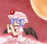  ascot bat_wings blue_hair brooch closed_eyes flute full_moon hat hat_ribbon instrument jewelry mob_cap moon ofukousu red_sky remilia_scarlet ribbon short_hair short_sleeves skirt skirt_set sky solo star_(sky) starry_sky tears touhou wings 