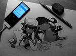  black_and_white breasts butt cat cleavage clothed clothing eraser feline female greyscale hair ipod long_hair mammal minx_kitten monochrome music_player paper pencil sketch skimpy slit_pupils smutbunny solo spot_color 
