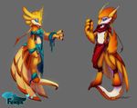  blue_eyes claws clothed clothing female fenra fur hindpaw lashka male matief paws sefeiren sun_fenra thick_tail yellow_feathers yellow_fur 