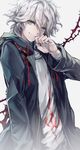  bandages blood danganronpa grey_eyes hina_(xoxo) hood hoodie jacket komaeda_nagito long_hair male_focus nail_polish red_nails simple_background smile solo spoilers super_danganronpa_2 thorns white_hair 