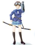  blazer brown_eyes brown_hair full_body goggles highres jacket katana looking_at_viewer ryouku school_uniform shin_megami_tensei shin_megami_tensei:_if... shirt shoes short_hair simple_background skirt socks solo sword uchida_tamaki weapon white_background 