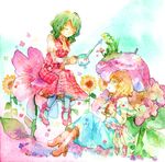  alice_margatroid blonde_hair blue_eyes closed_eyes flower green_hair kazami_yuuka legomaru multiple_girls pantyhose parasol sunflower touhou traditional_media umbrella watercolor_(medium) watering_can 