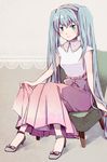  blush chair character_request copyright_request full_body green_eyes green_hair hairband high_heels kakitabetai long_hair long_skirt shoes short_sleeves sitting skirt smile solo twintails 