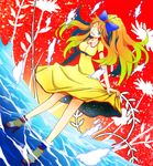  anklet bare_legs blue_eyes bow breasts curtsey dress dutch_angle flower godxdog hair_bow high_heels high_ponytail jewelry long_hair medium_breasts one_eye_closed orange_hair orangina personification shoes wading water yellow_dress 