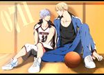  basketball basketball_uniform blonde_hair blue_eyes blue_hair height_difference jacket_on_shoulders kise_ryouta kuroko_no_basuke kyoujixxxx male_focus md5_mismatch multiple_boys shoes sneakers sportswear track_suit yellow_eyes 