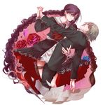  1girl black_dress black_hair blue_flower blue_rose braid brown_hair couple danganronpa danganronpa_1 dress flower formal fukawa_touko glasses hetero holding_hands long_hair long_sleeves mirrrrr papers red_flower red_rose rose school_uniform scissors serafuku simple_background suit thigh_strap togami_byakuya twin_braids very_long_hair white_background 